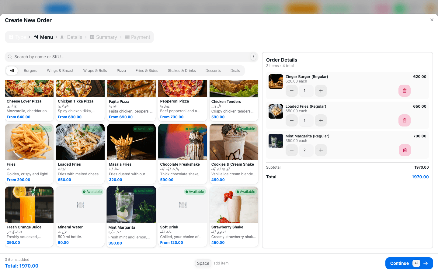 New order with the menu and cart
