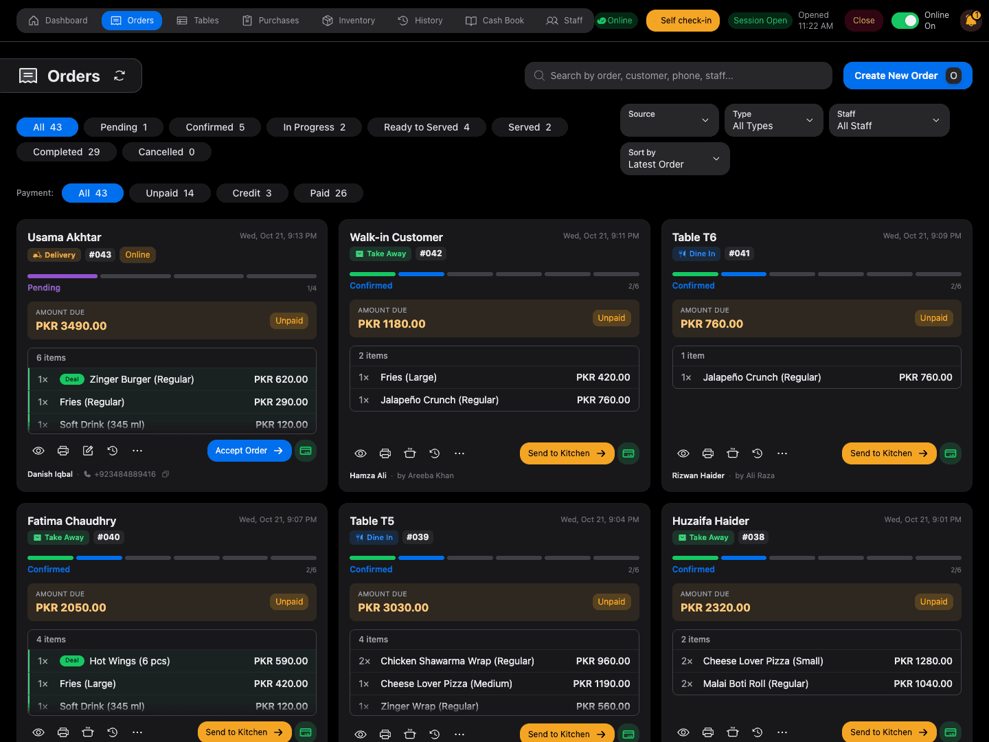 Munshi's live orders board on a tablet